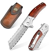 AUBEY Damascus Pocket Knife with Leather Sheath, 3.14" Damascus Steel Blade Folding Knives with W...