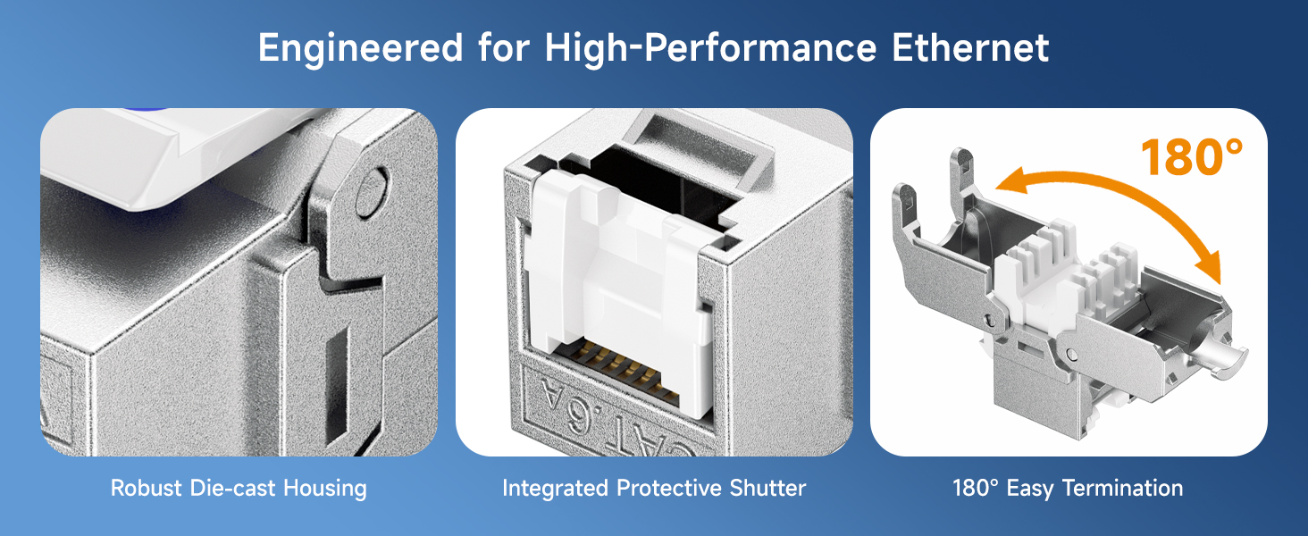 10Gbps 6-Pack RJ45 Shielded Cat6A / Cat6 Keystone Jack with Integrated Shutter