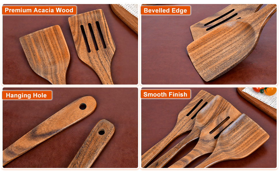 wooden spatula with hanging hole, beveled edge and long handle