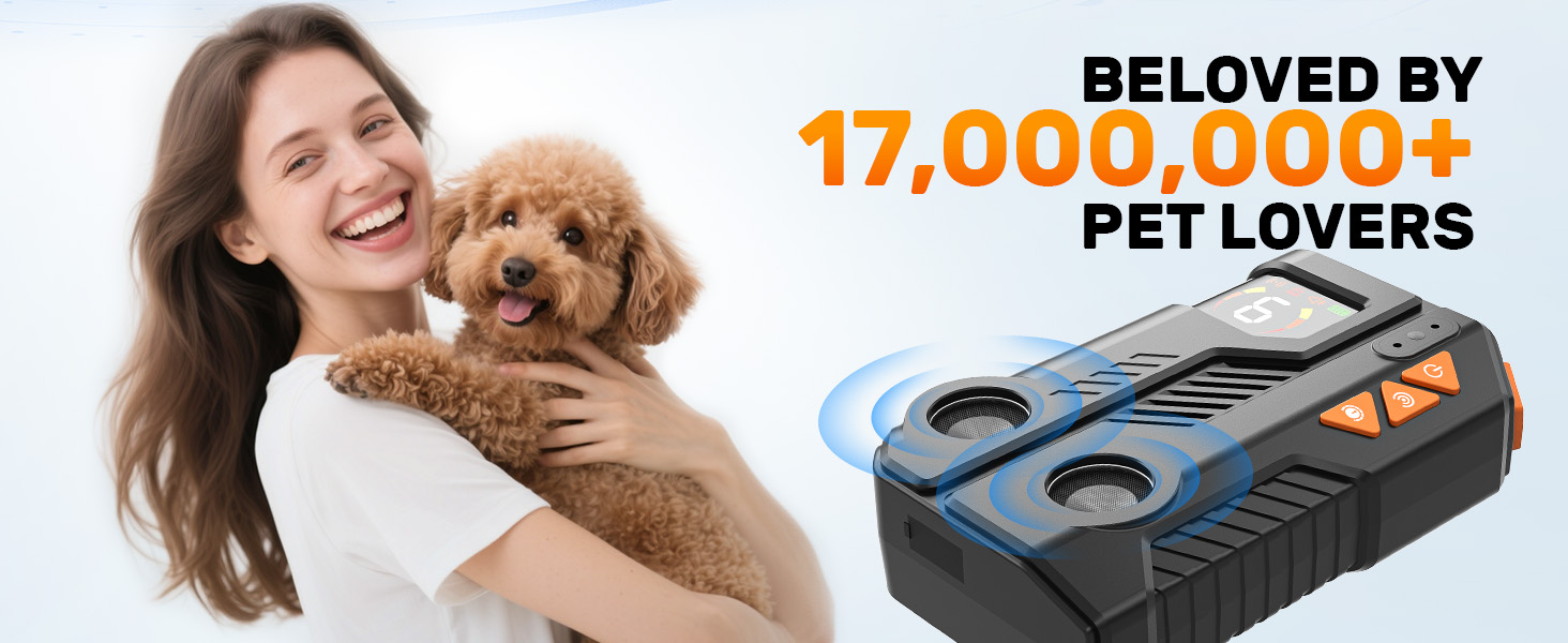 Text reads 'BELOVED BY 17,000,000+ PET LOVERS'. Marketing image showing grooming tool with blue handle and metal attachment alongside lifestyle photo.