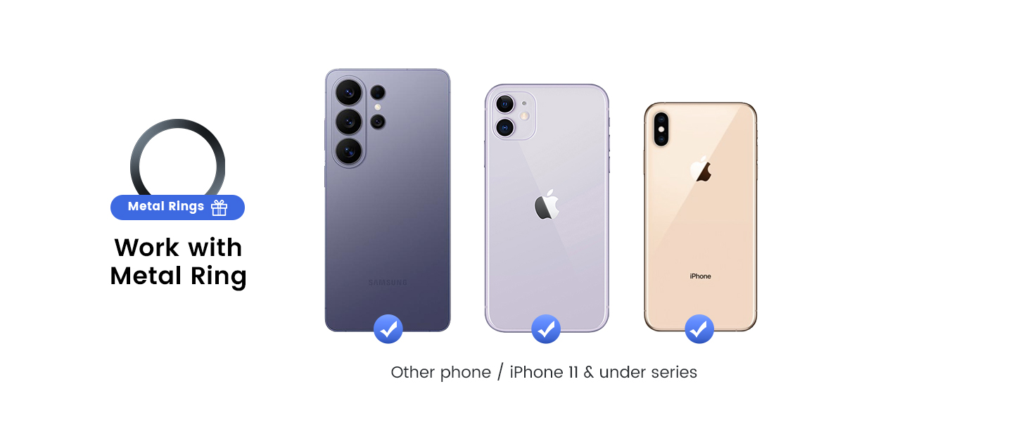 Work with Non-Magsafe Phones and Cases Included Metal Rings Car Phone Mount