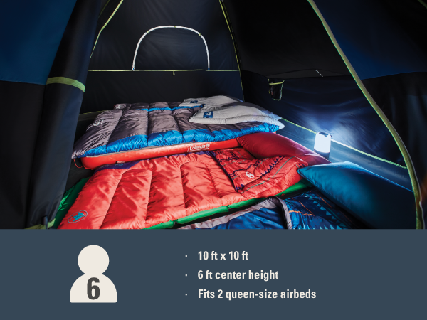 six person tent capacity size height airbed sleep room comfort dark family kids adult large room air
