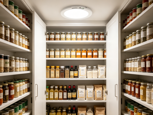 A ceiling light is installed in the storage room