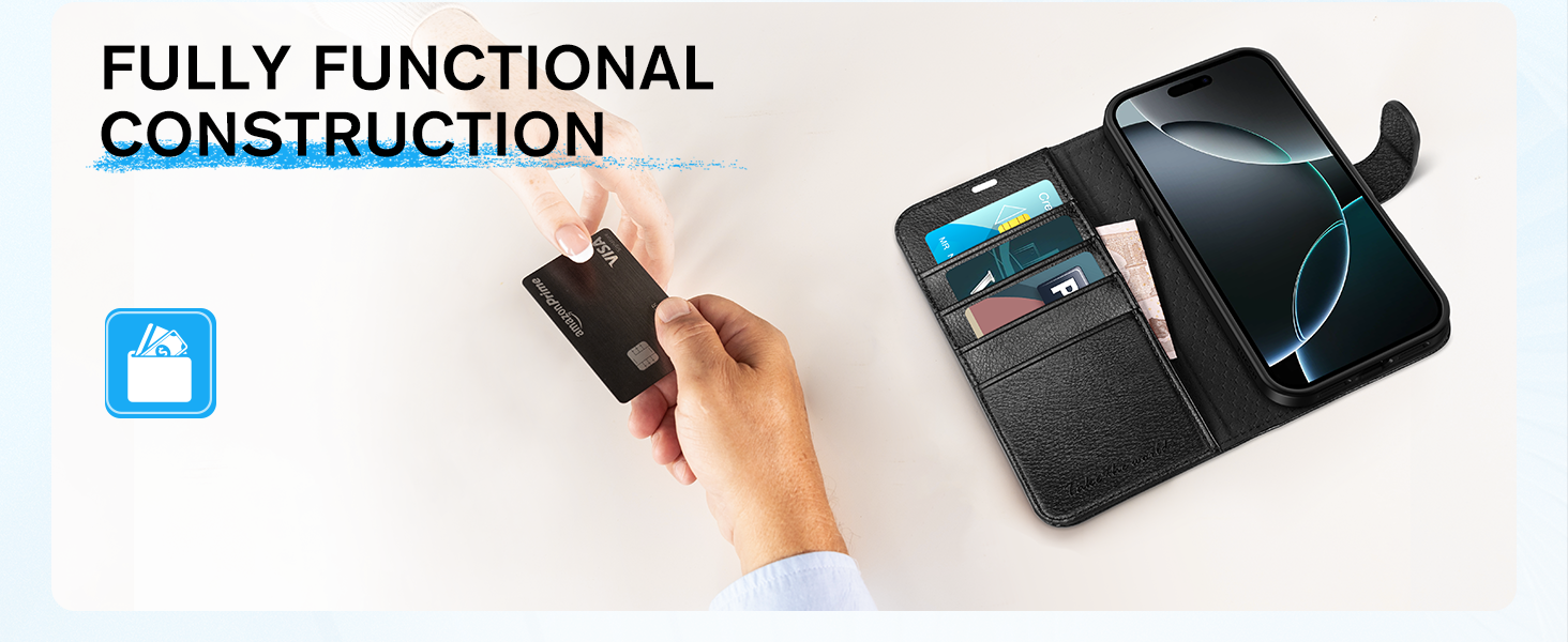 TUCCH Case Wallet for iPhone 16, [TPU Shockproof Shell], Kickstand PU Leather Stand Protective Cover