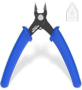 Wire cutting pliers with black metal head and blue ergonomic rubber handles. Small white gauge template visible in corner.