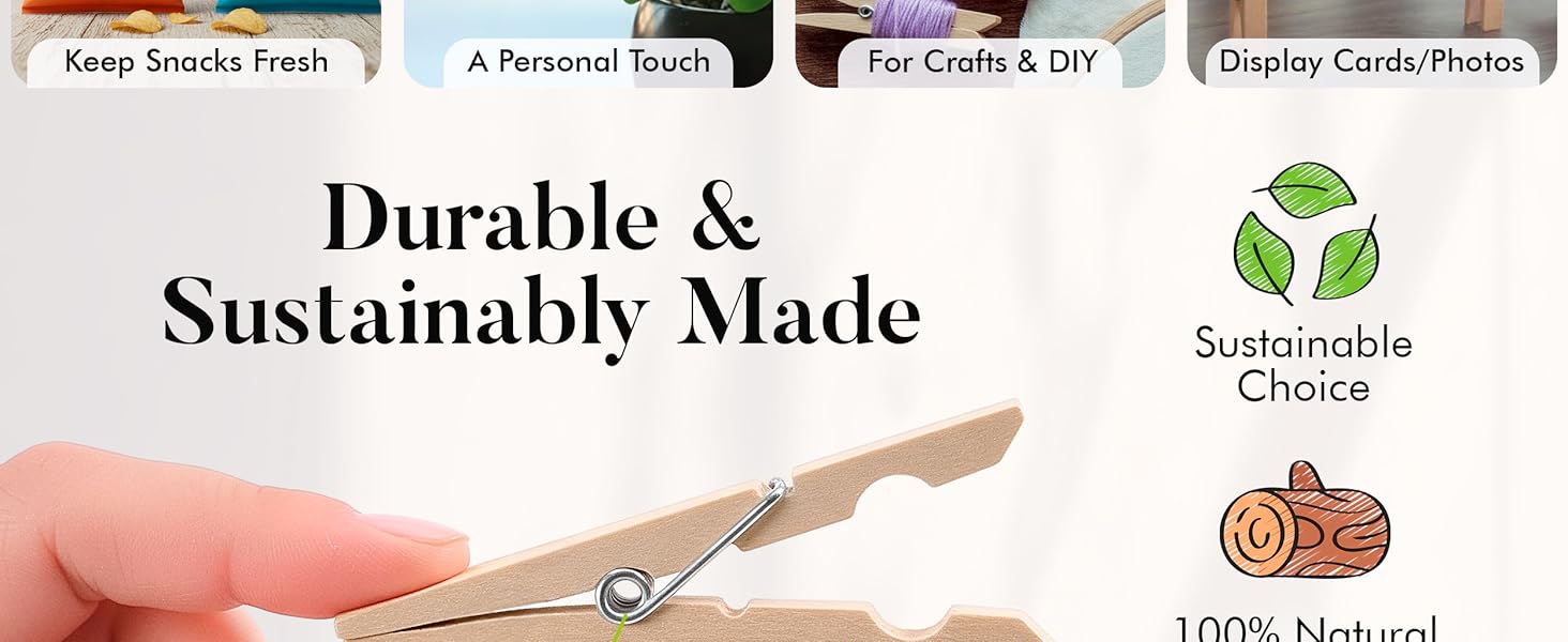 Text reads 'Durable &amp; Sustainably Made' with eco-friendly product certification icons showing leaf and recycling symbols.