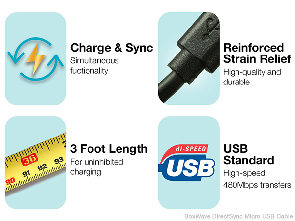 Features include simultaneous charge &amp; sync, 3ft, strain relief, USB 2.0 480mbps transfers