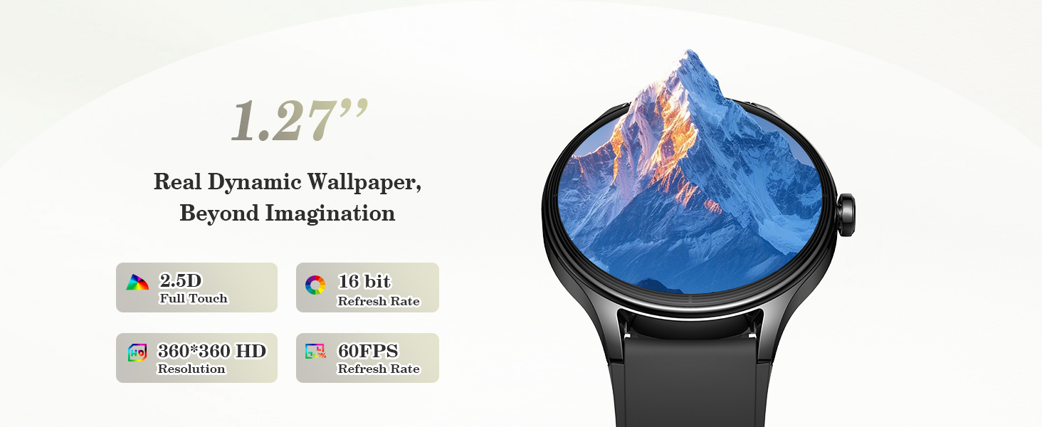 Text reads '1.27" Real Dynamic Wallpaper, Beyond Imagination'. Smartwatch with curved display showing mountain landscape against blue sky background.