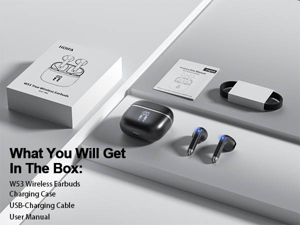 The packaging box contains earphones, charging cable, and instruction manual