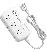 Short Extension Cord 5 ft - Flat Plug Small Power Strip Surge Protetor with 6 Outlets 3 USB (5V/3...