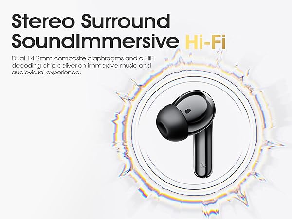 Hi-Fi stereo sound with deep bass and clear treble for an immersive music experience.