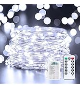 33Ft 100LED Outdoor String Lights, Pure White Fairy Lights Battery Operated with Remote, Waterpro...