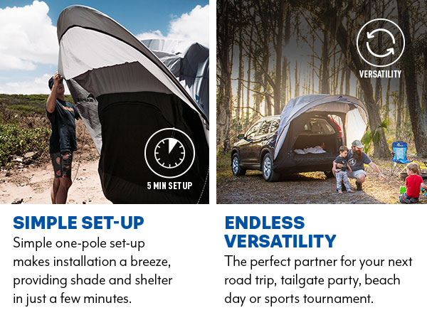 Napier Sportz Cove awning SUV Tent with a single pole design for easy 5 minute car camping setup