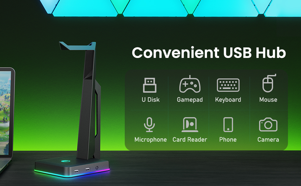 IFYOO RGB Gaming Headset Stand with 2 USB Ports, Game Headphone Mount for PC, Xbox One, PS4, Switch