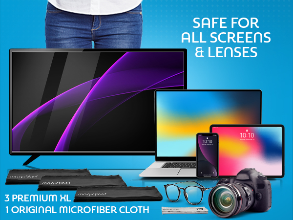 Safe for all screens and glasses! Premium XL Microfiber Cloth. Perfect for TVs, monitors, and more.
