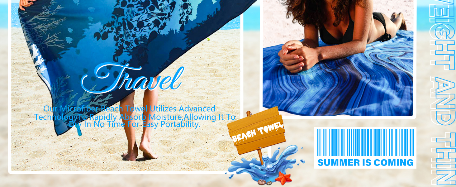 Microfiber Lightweight Thin Beach Towel Sand Free Quick Dry Super Absorbent Large Towels 