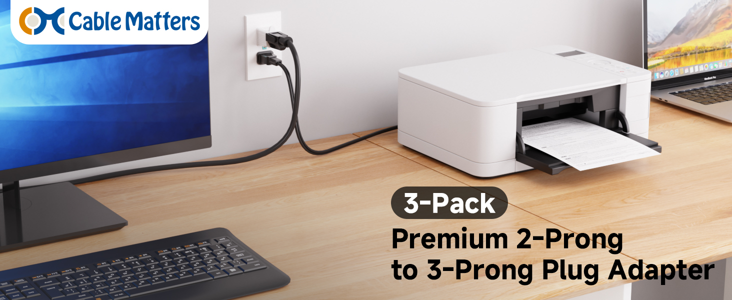 Cable Matters 2 prong to 3 prong outlet adapter for grounding conversion