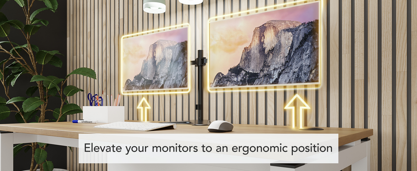 Raise both monitors to eye level on a shared pole for ergonomic viewing.