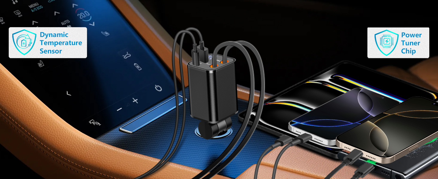 MFi Certified 4 in 1 Retractable Car Charger 120W USB C Car Charger Cigarette Lighter Adapter