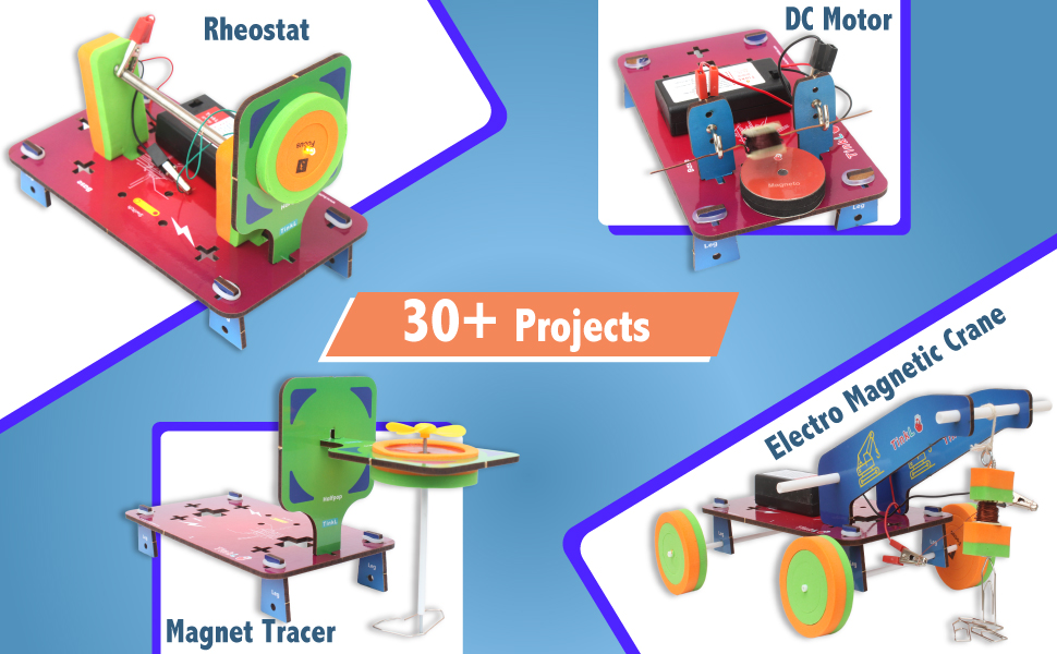 Educational electronics kit featuring multiple project components including rheostat, DC motor, and magnetic tracer with '30+ Projects' label.
