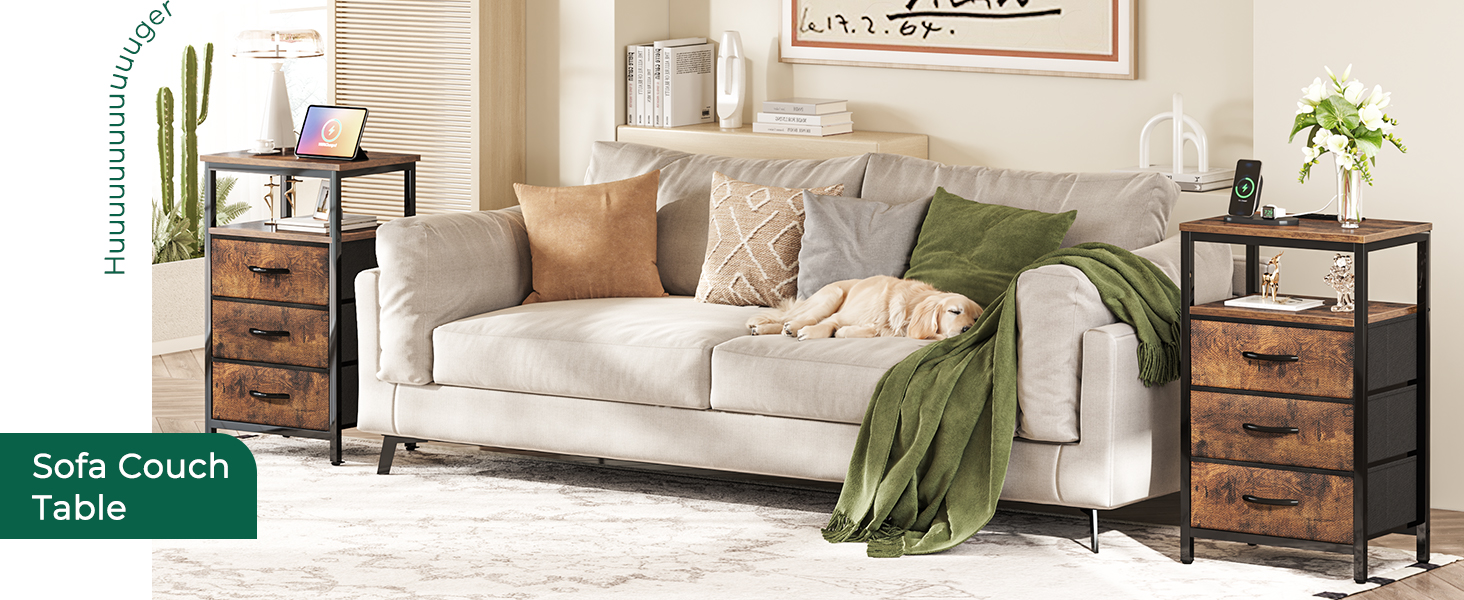 Nightstand with Charging Station, 27.6 Inch Side Table with Fabric Drawers