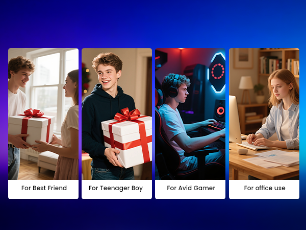 Text reads 'For Best Friend', 'For Teenager Boy', 'For Avid Gamer', 'For office use'. Four-panel image showing different gift-giving scenarios with wrapped presents.