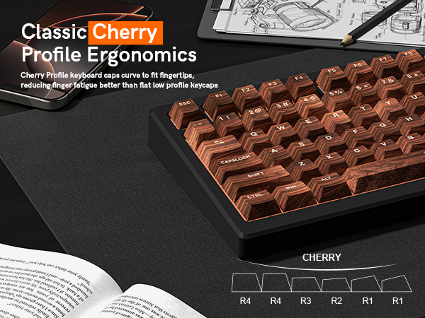 a keyboard with Classic Cherry Profile Ergonomics keycaps, which curve to fit fingertips