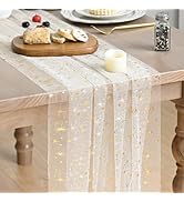 Artoid Mode Gold Stars Beige Gauze Table Runner 120 Inch 10FT, Sheer Dining Wedding Holiday Birth...