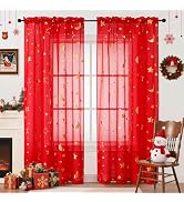 WUBODTI Christmas Red Sheer Curtains for Living Room Bedroom 84 Inches Long, Red and Gold Star Pa...