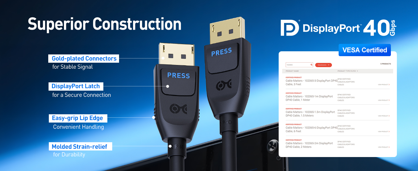 Cable Matters VESA Certified DisplayPort 2.1 Cable