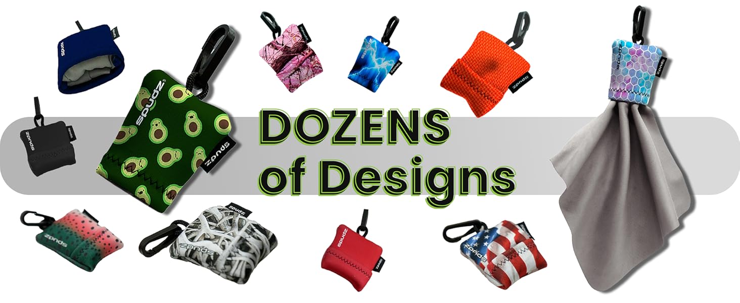 A variety of prints and colors of spudz microfiber cloth pouches