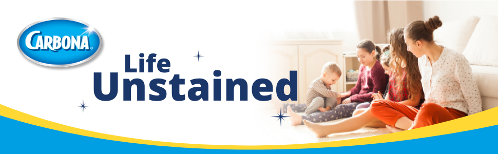 Carbona Logo on top left. Family in kitchen on right side