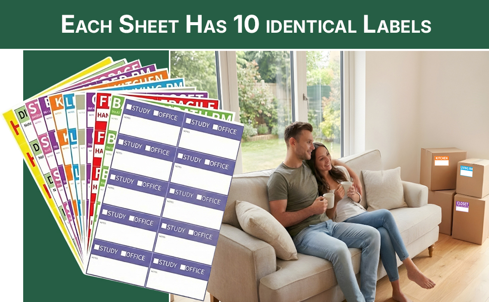 Moving box room labels, 10 identical stickers per sheet, couple relaxing after unpacking