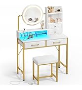 Seventable Vanity Desk with Lighted Mirror &amp; LED Lights, Makeup Table with Power Outlet &amp; 4 Stora...