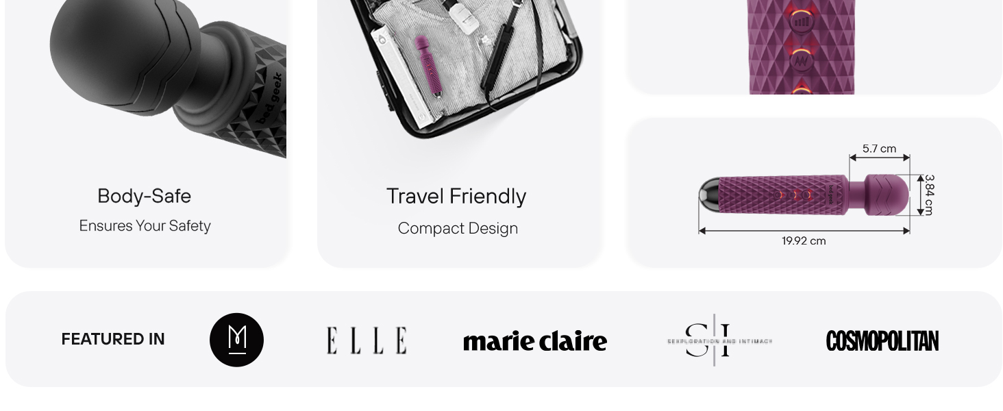 Bed Geek handheld massage wand with soft silicone, 20 vibration patterns, and USB rechargeable