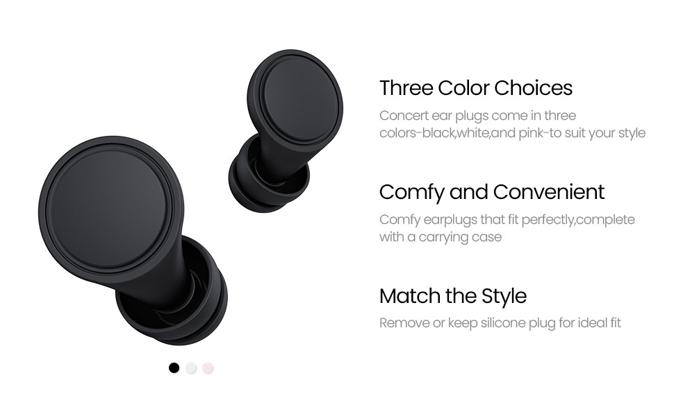 Text reads 'Three Color Choices', 'Comfy and Convenient', 'Match the Style'. Product image shows black wireless earbuds in two different angles.