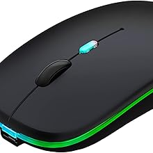 Slim black wireless mouse with colorful RGB lighting along the bottom edge and a glowing scroll wheel.