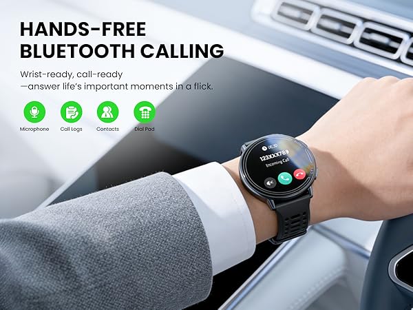 Text reads: 'HANDS-FREE BLUETOOTH CALLING'. Series of images showing car interior with device interface and bluetooth connectivity features.