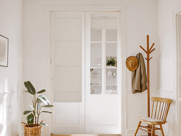 Cordless Roman Shade for Door Windows Linen Blend French Door Curtain Adhesive Top No Drill Privacy