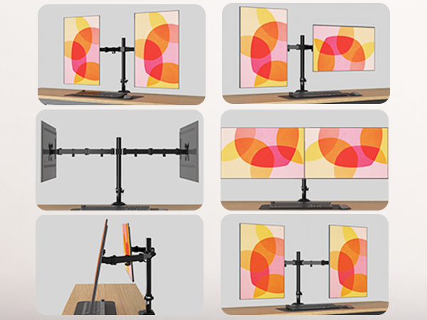 Six panel image showcasing a dual monitor arm in various configurations, mounted on desks with colorful abstract art displays.
