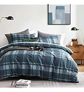 LEMIROE Tartan Plaid 100% Cotton Duvet Cover Queen Size 3PC– Textured Classic Plaid Design in Mut...