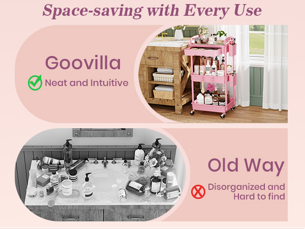 Goovilla rolling cart organizer,ditch clutter countertop,organizes various toiletries neatly