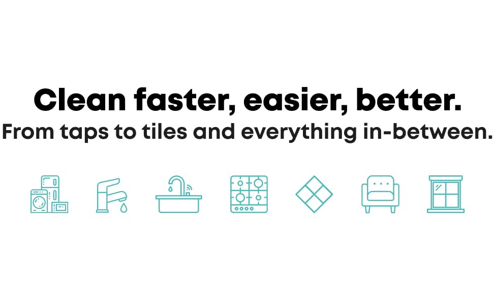 Electric cleaning tool with various attachments. Text highlights faster, easier, better cleaning for multiple surfaces. Icons show versatile applications.