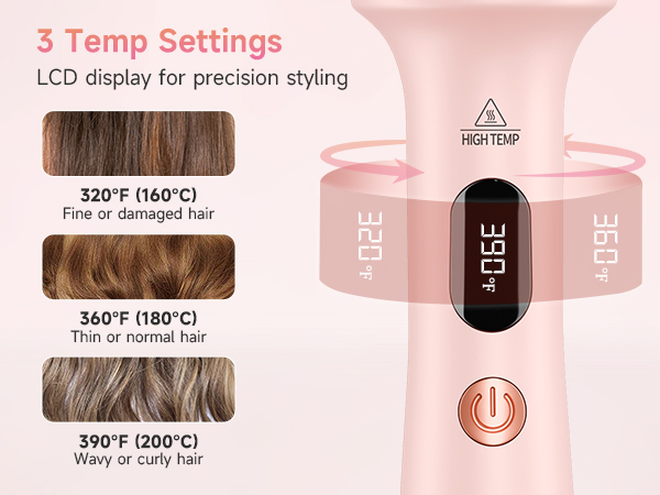 3 precise temperature settings (320°F-390°F) with LCD display for fine, normal,or curly hair styling