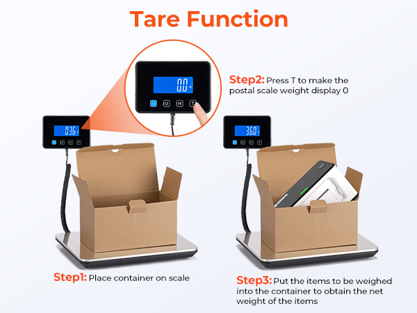 Instructional diagram showing digital postal scale tare function in three steps, demonstrating container placement and weight measurement with blue LCD display.