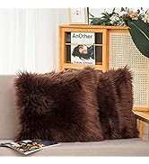 HYSEAS Set of 2 Decorative Faux Fur Throw Pillow Covers, Brown Fluffy Soft Fuzzy Square Cushion C...