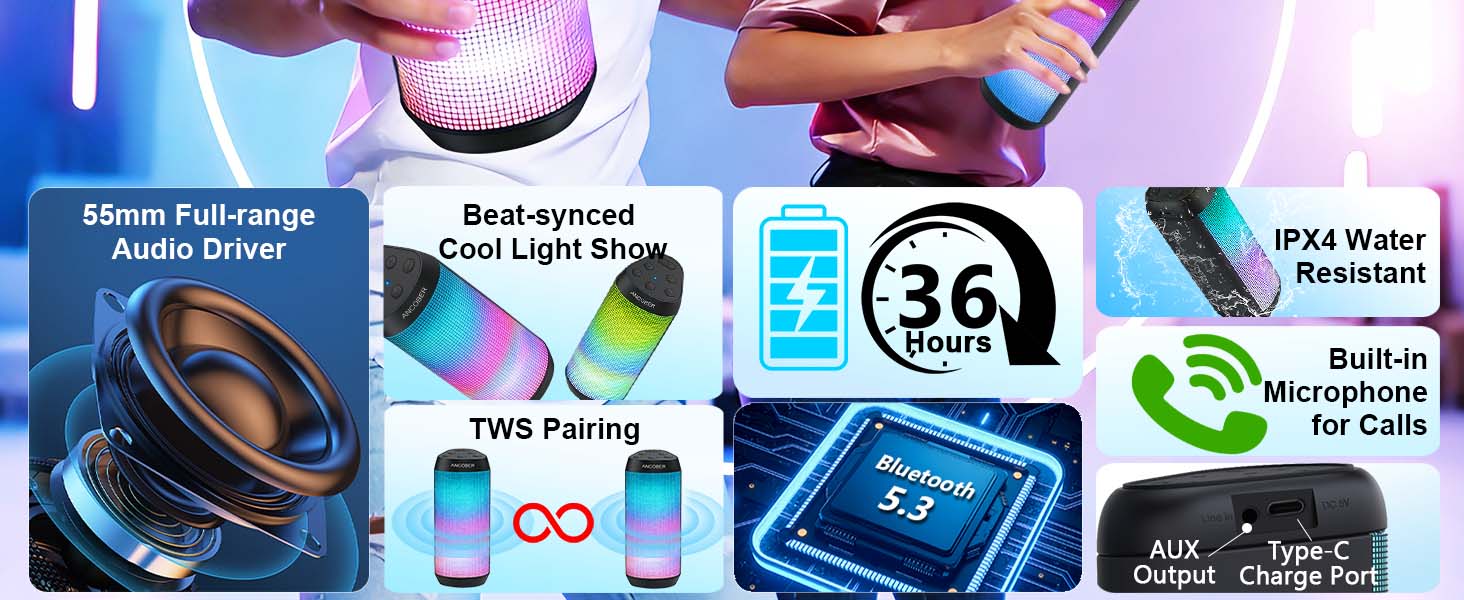 Portable Bluetooth Speaker, loud sound, long battery life, BT 5.3, TWS Pairing