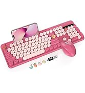 Wireless Keyboard and Mouse Combo, Retro Round Keycaps, Full-Size Cute Typewriter Keyboard with L...