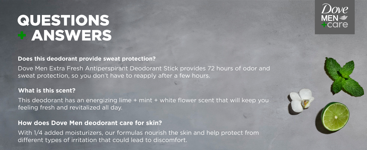 Q&amp;A section on gray stone with lime, mint and a white flower.