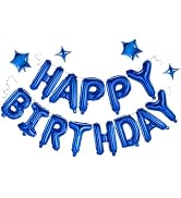 Blue Happy Birthday Banner Balloon Aluminum Foil 16 Inch Letter,10 Inch Five Pointed Star Four Po...